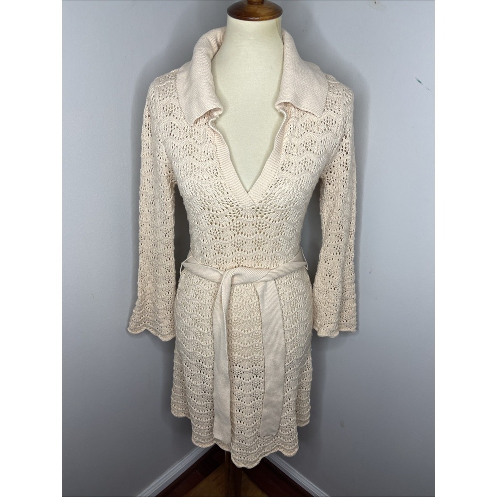 SPELL Road To Paradise Crochet Knit Mini Dress (Sz XS) Long Sleeve Belted Wheat - Picture 2 of 10